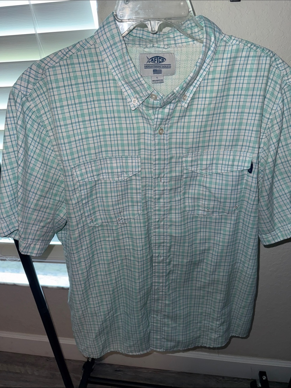 AFTCO Men's Short Sleeve Green, Blue & White Plaid Button-Down Shirt